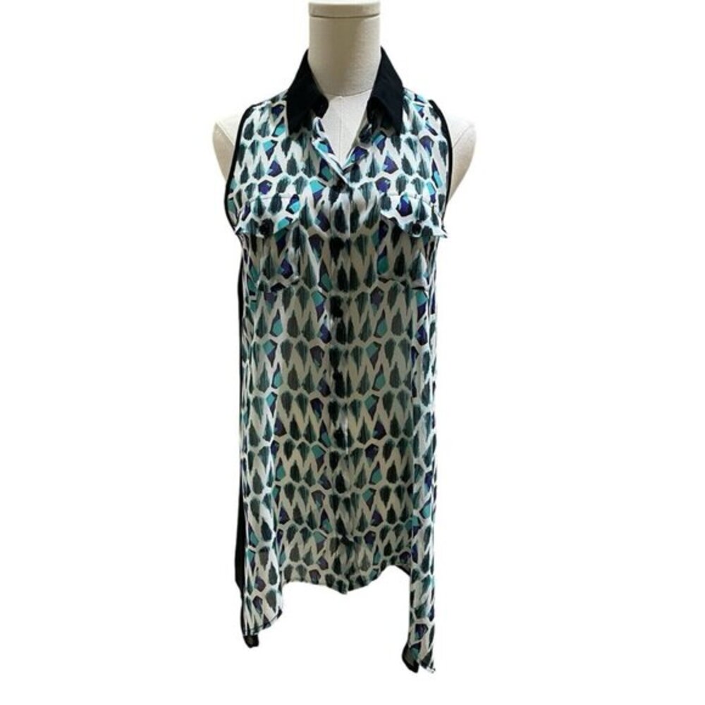 BCBG Max Azria Chiffon Blouse Printed Sleeveless High Low Tunic S/XS NWT $160